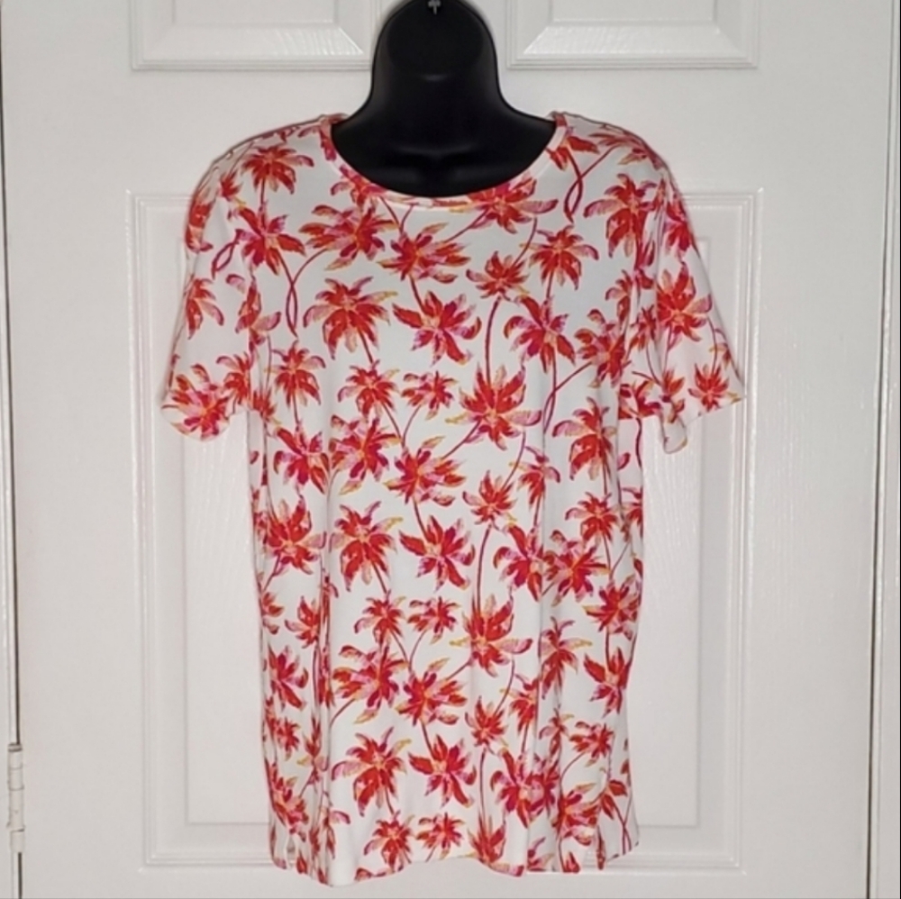 Kim Rogers Perfectly Soft Palm Tree White Cotton T-Shirt Size S